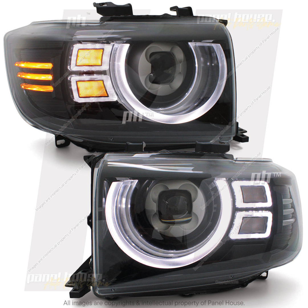 DEFEND-R DRL Full LED Black Projector Headlights PAIR fits Toyota Landcruiser 76 78 79 Series 2007 -