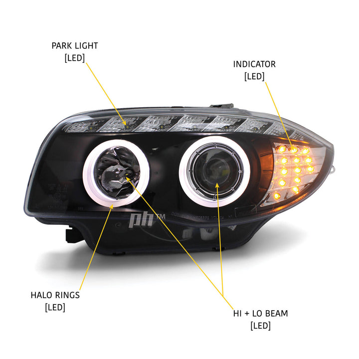 Headlights Black Full LED DRL Halo Style Fits BMW 1 Series E81 E82 E87 E88