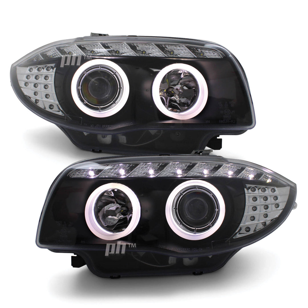 Headlights Black Full LED DRL Halo Style Fits BMW 1 Series E81 E82 E87 E88