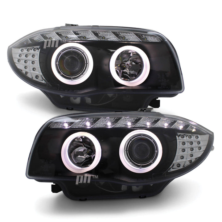 Headlights Black Full LED DRL Halo Style Fits BMW 1 Series E81 E82 E87 E88