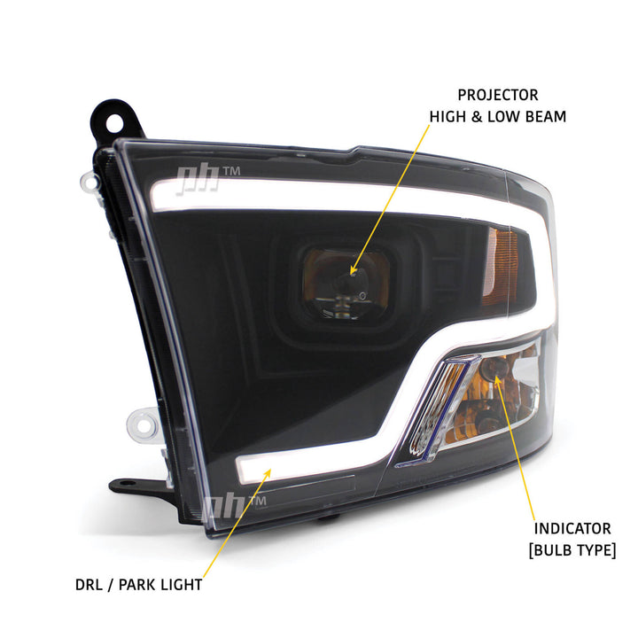 Black Headlights PAIR Bi-LED Projector DRL fits Dodge RAM 1500 DS 2013 - 2022