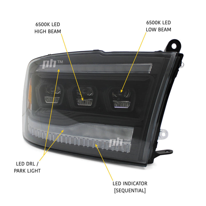 Headlights LED Triple Projector Sequential Indicator fits Dodge RAM DS 13 - 22