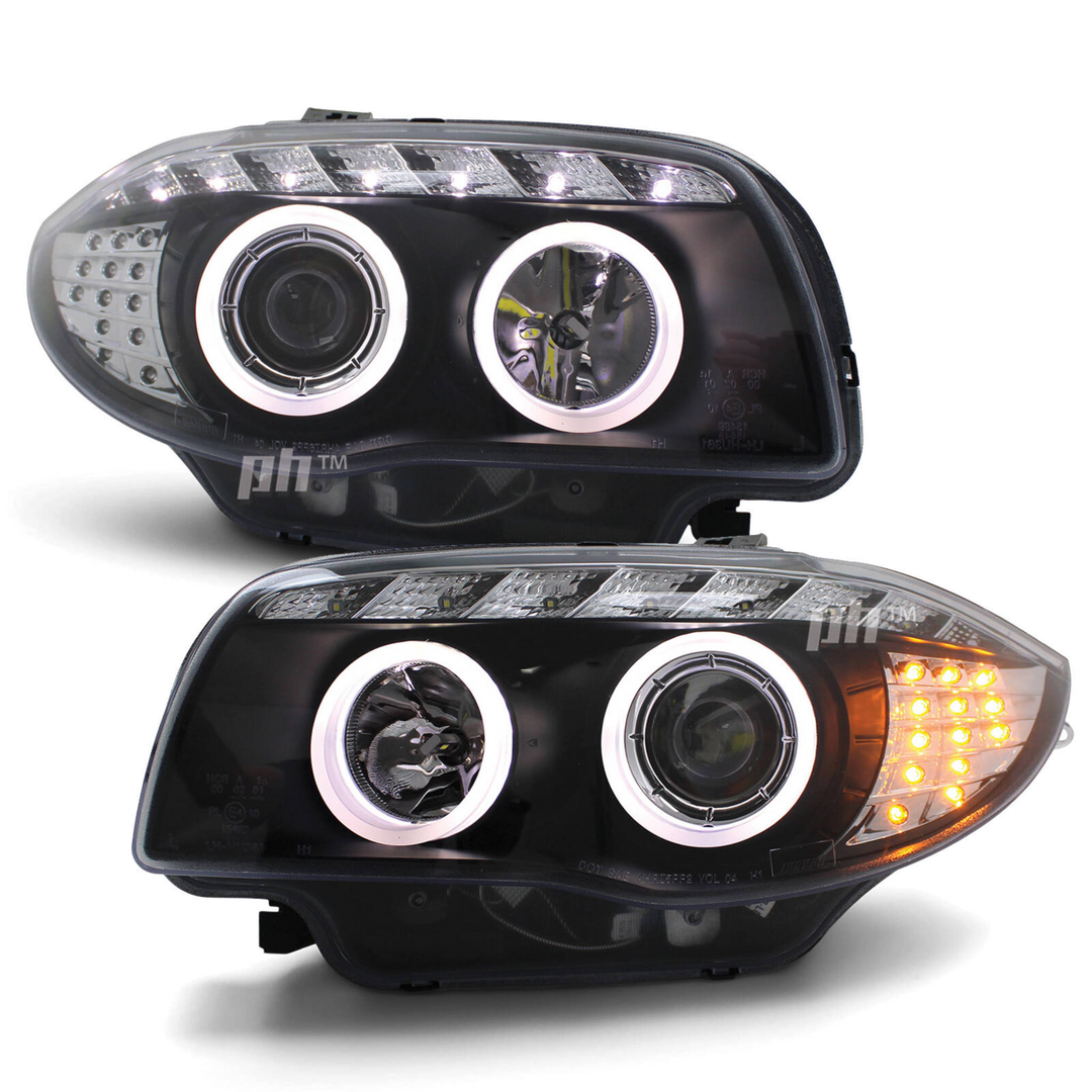 Headlights Black Full LED DRL Halo Style Fits BMW 1 Series E81 E82 E87 E88
