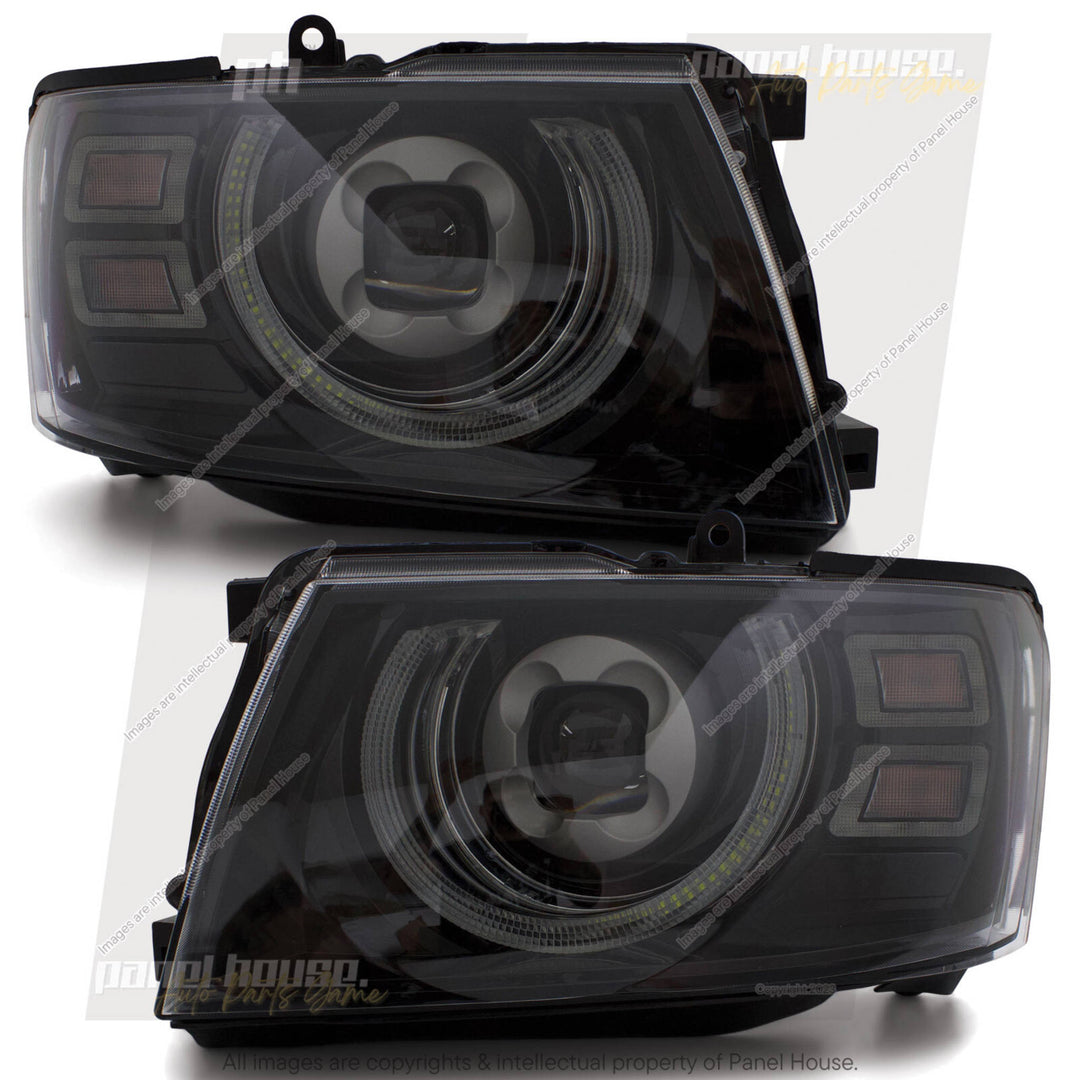 DEFEND-R DRL Full LED Black Projector Headlights PAIR fits Nissan Patrol GU 2004- 2016