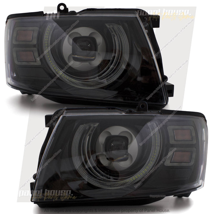 DEFEND-R DRL Full LED Black Projector Headlights PAIR fits Nissan Patrol GU 2004- 2016