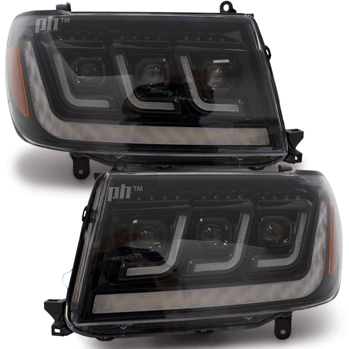 Headlights PAIR BLACK LED Triple Projector fits Toyota Landcruiser 100 Series 1998 - 2007