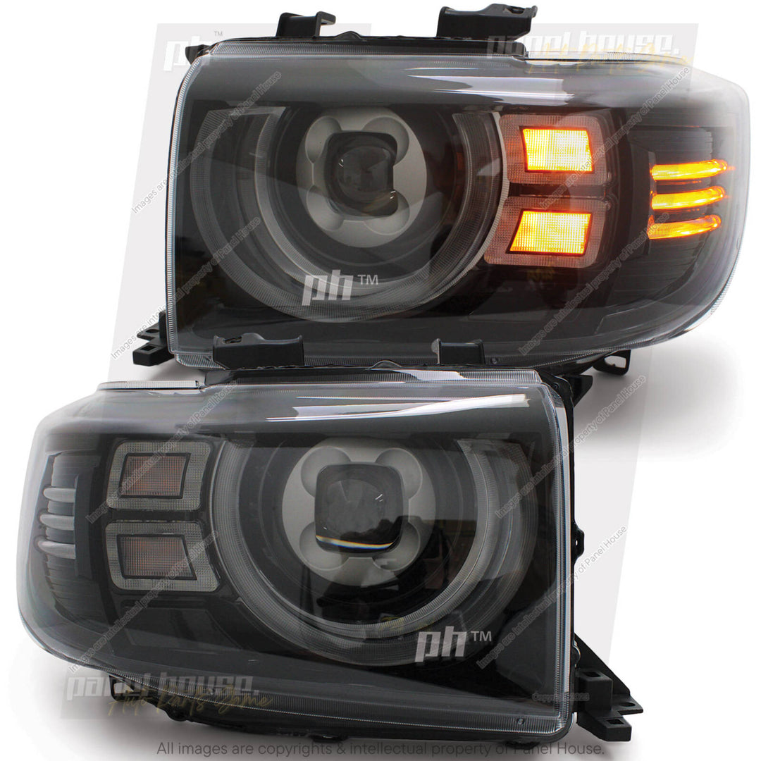 DEFEND-R DRL Full LED Black Projector Headlights PAIR fits Toyota Landcruiser 76 78 79 Series 2007 -