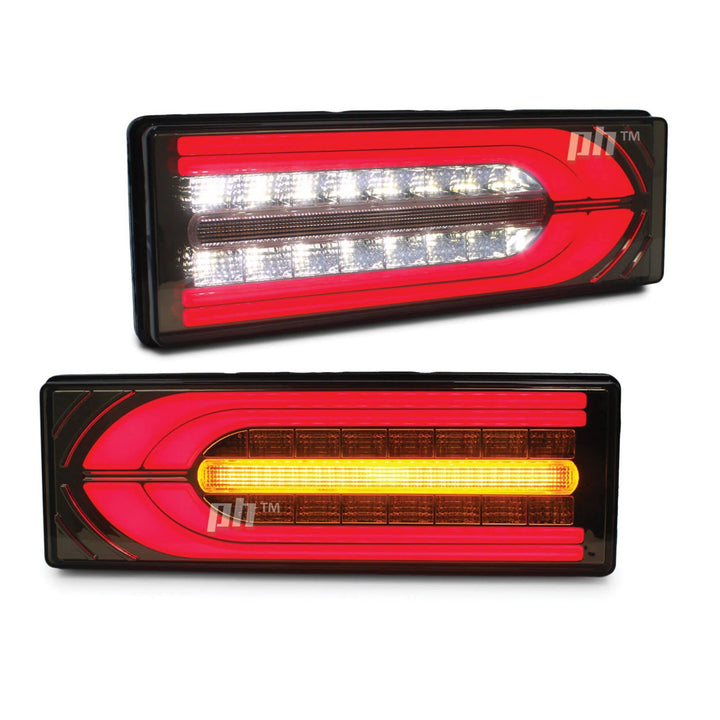Tail Lights G Wagon Style Smoked LED Sequential fits Toyota Landcruiser 70 75 79 Series Alloy Tray