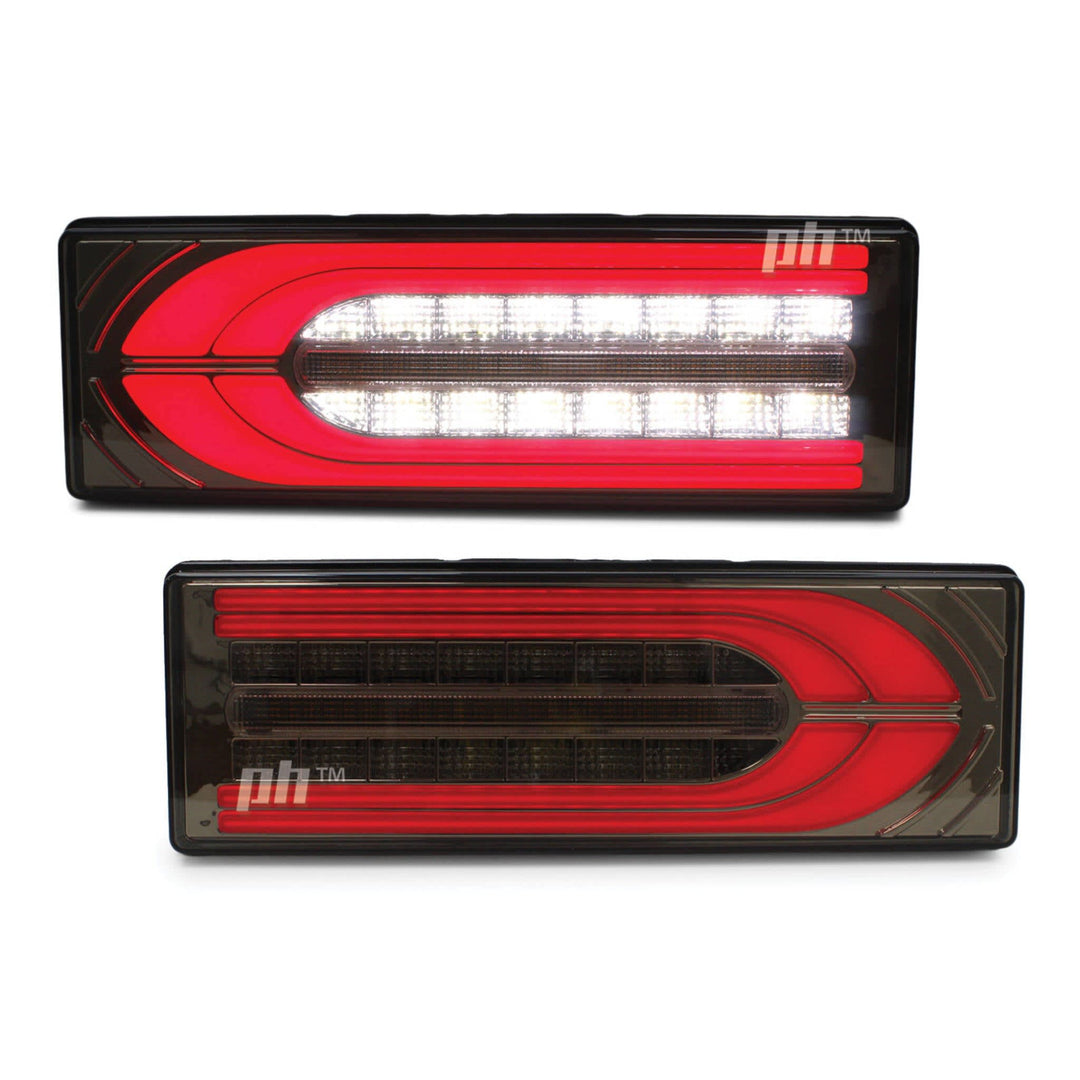 Tail Lights G Wagon Style Smoked LED Sequential fits Toyota Landcruiser 70 75 79 Series Alloy Tray