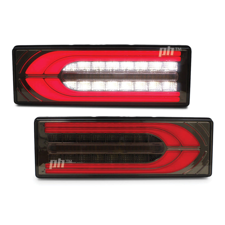 Tail Lights G Wagon Style Smoked LED Sequential fits Toyota Landcruiser 70 75 79 Series Alloy Tray