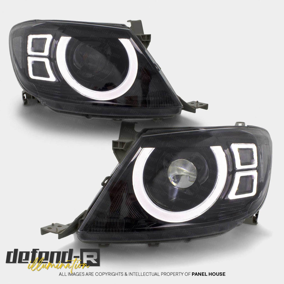 DEFEND-R DRL Full LED Black Projector Headlights PAIR fits Toyota Hilux N70 2005 - 4/2011