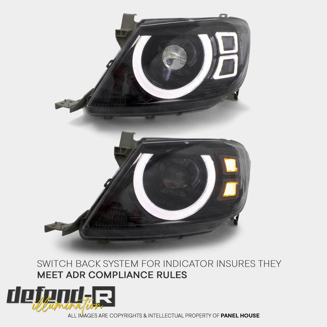 DEFEND-R DRL Full LED Black Projector Headlights PAIR fits Toyota Hilux N70 2005 - 4/2011