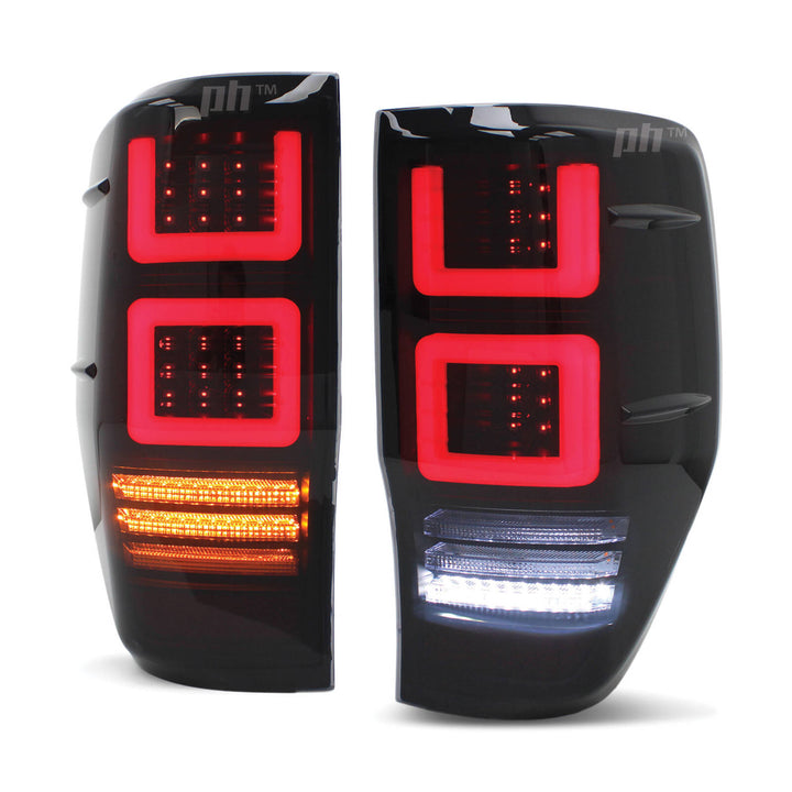 Black SMOKED LED Tail Lights Vogue Style PAIR fits Ford Ranger PX & Raptor 2011 - 2022