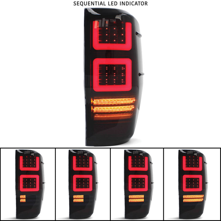 Black SMOKED LED Tail Lights Vogue Style PAIR fits Ford Ranger PX & Raptor 2011 - 2022