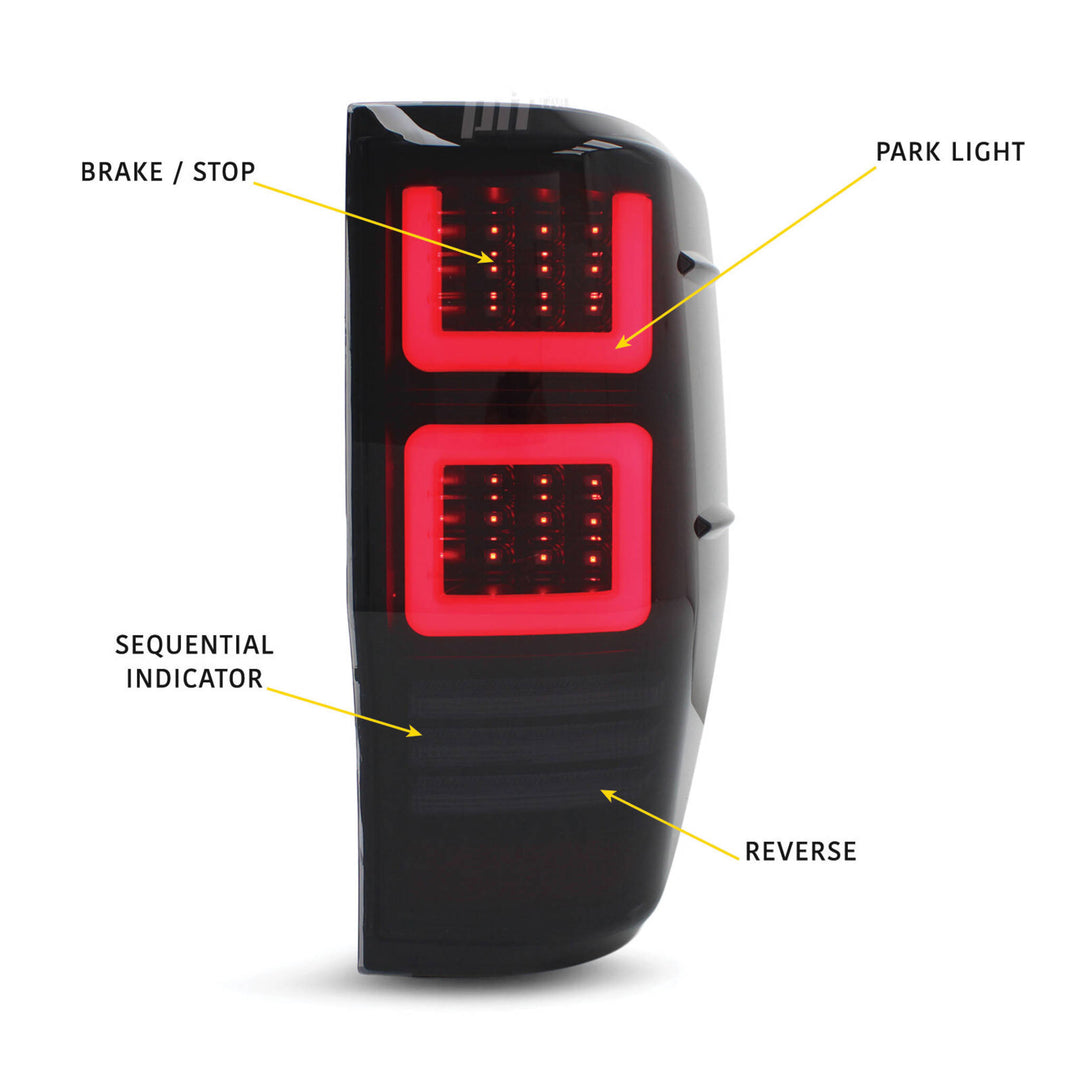 Black SMOKED LED Tail Lights Vogue Style PAIR fits Ford Ranger PX & Raptor 2011 - 2022