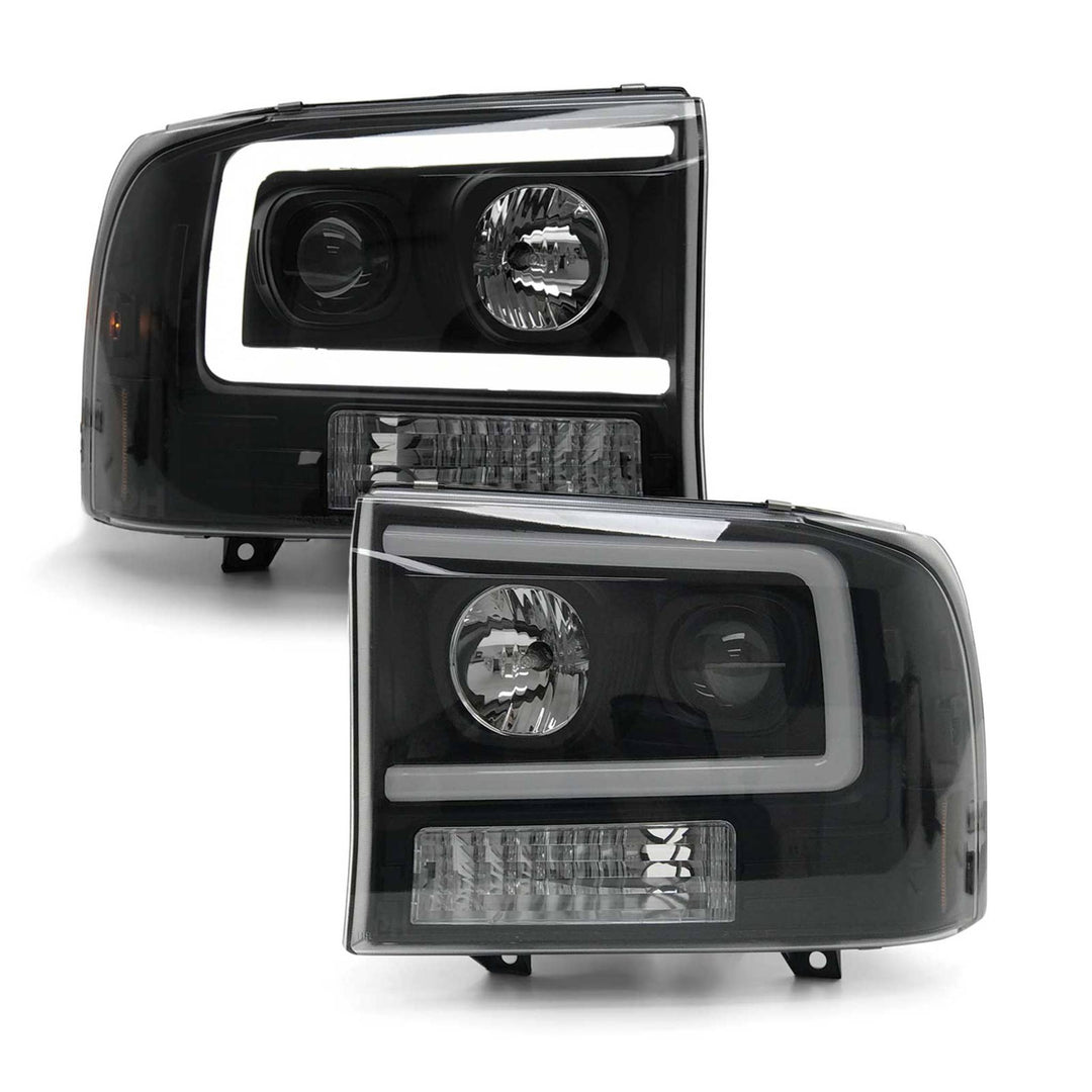 Headlights PAIR Black LED DRL Style Fits Ford F250 SuperDuty 1999 - 2005