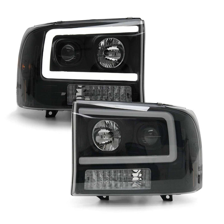 Headlights PAIR Black LED DRL Style Fits Ford F250 SuperDuty 1999 - 2005