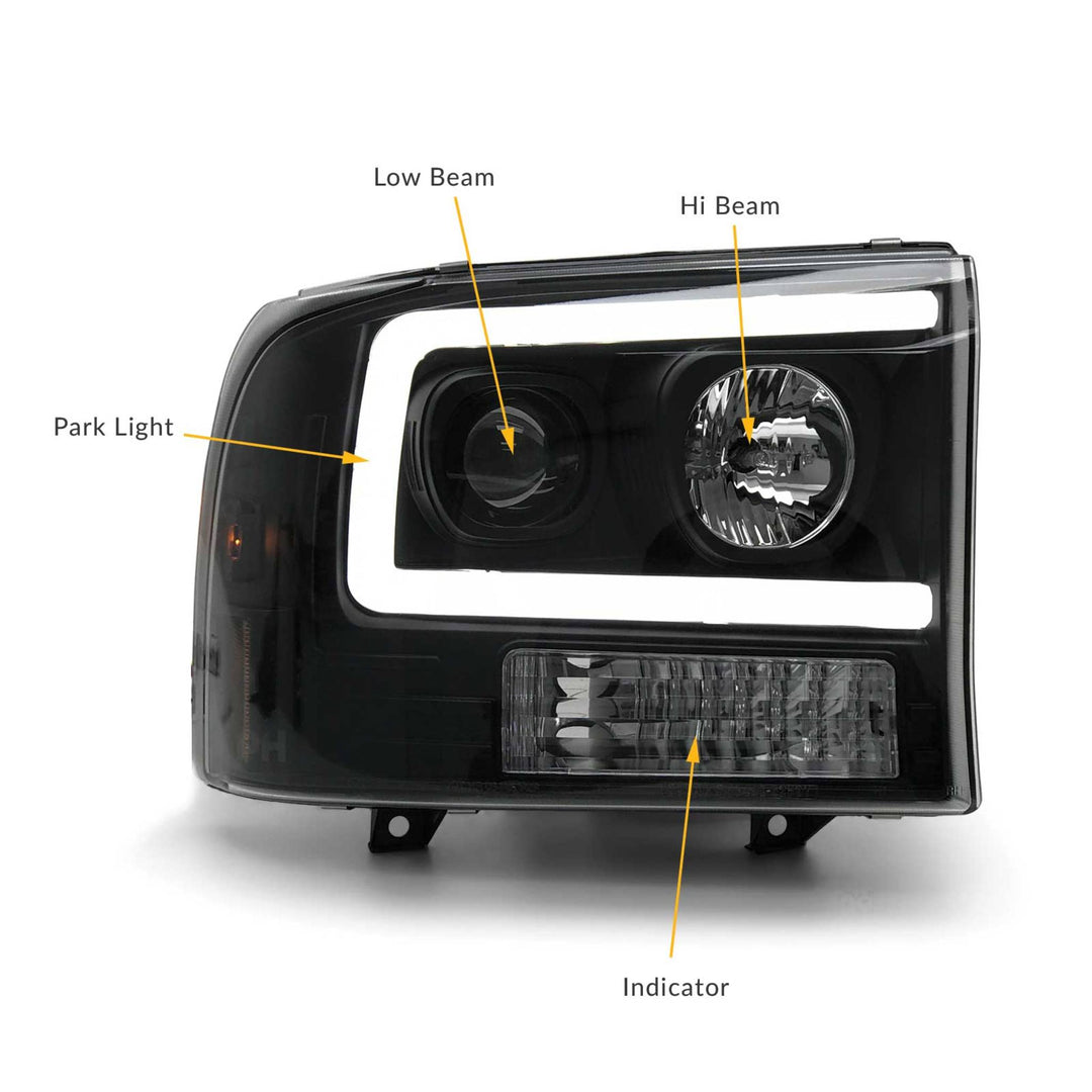 Headlights PAIR Black LED DRL Style Fits Ford F250 SuperDuty 1999 - 2005