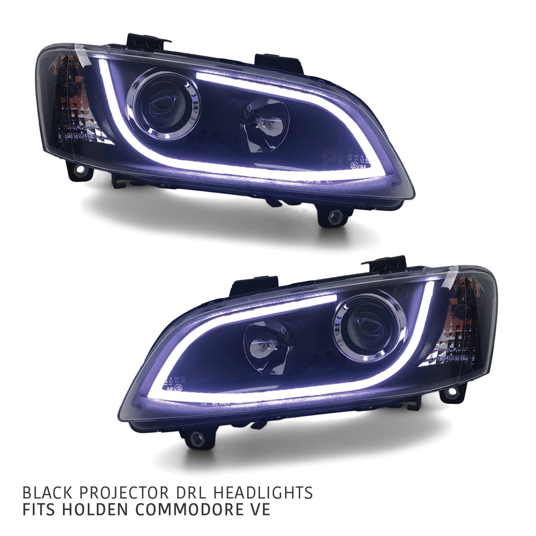 A pair of black projector style headlights with LED DRL lights designed for Holden Commodore VE 2006-2010.