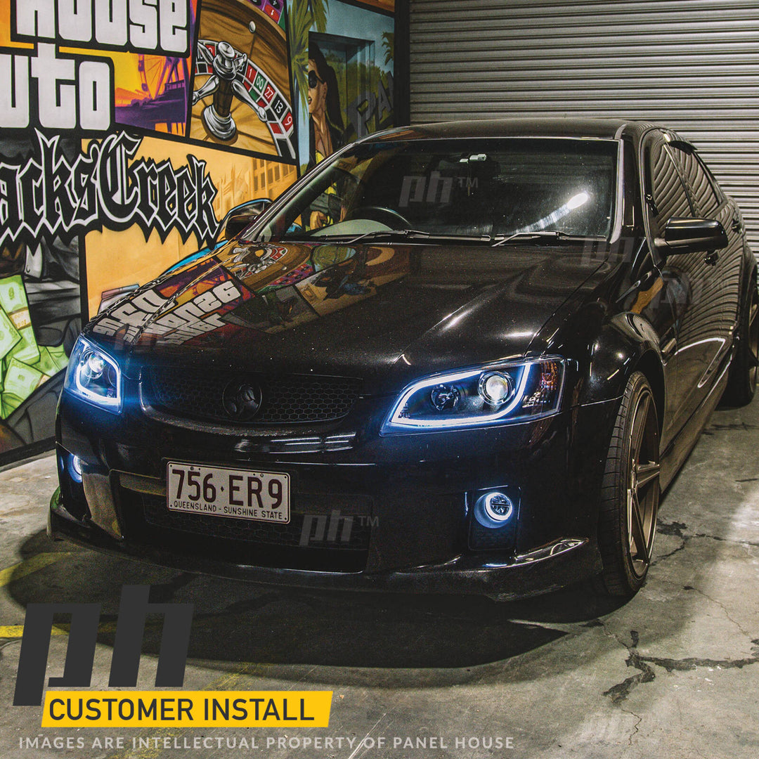 Black Headlights PAIR DRL Style Projector fits Holden Commodore VE 2006 - 2010