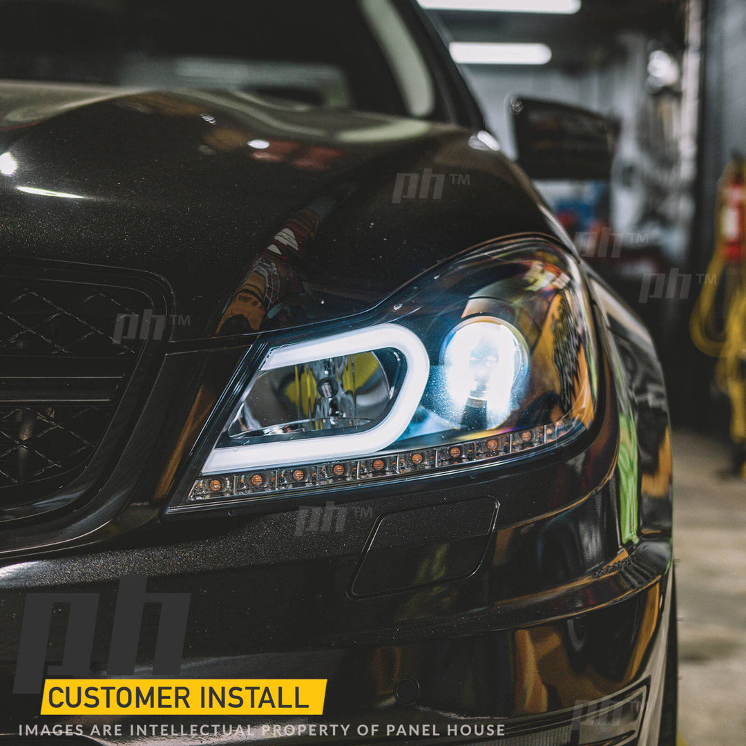 Black Projector Headlights PAIR DRL Style fits Mercedes C-Class W204 2011 - 2014