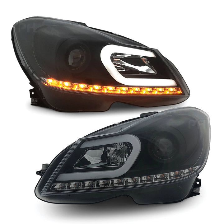Black Projector Headlights PAIR DRL Style fits Mercedes C-Class W204 2011 - 2014