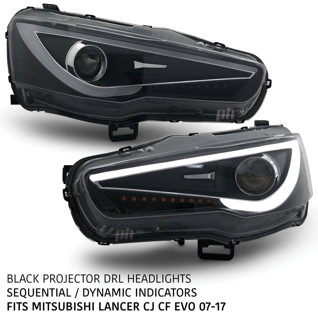 Black Projector Headlights PAIR DRL Sequential fits Mitsubishi CJ CF EVO 07-17