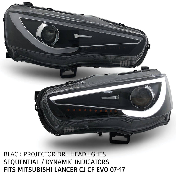 Black Projector Headlights PAIR DRL Sequential fits Mitsubishi CJ CF EVO 07-17