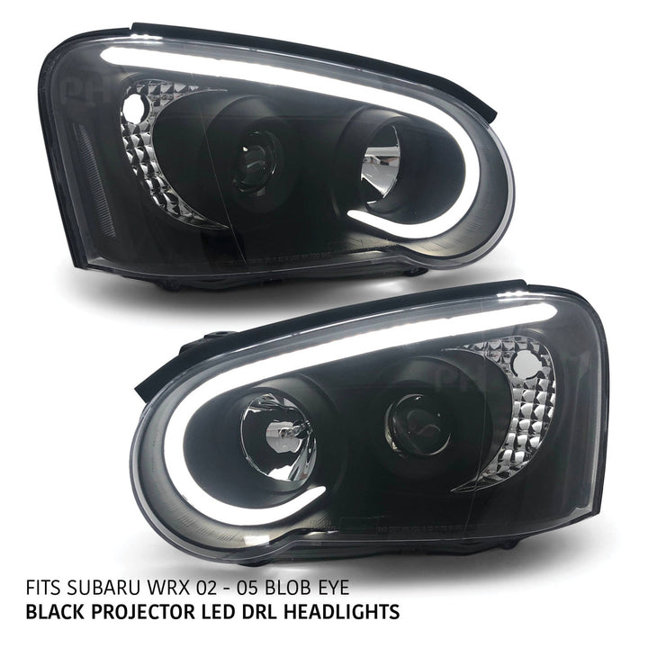 Black Headlights PAIR DRL Style Projector fits Subaru Impreza WRX Blob Eye 2002 - 2005