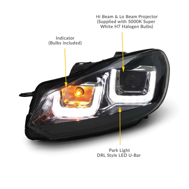 Headlights PAIR LED DRL U-Bar Style Upgrade fits Volkswagen VW Golf 6 09-13