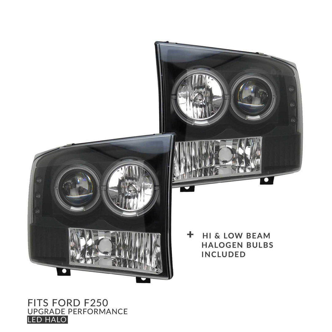 Headlights PAIR Black Halo Fits Ford F250 F350 SuperDuty 1999 - 2006