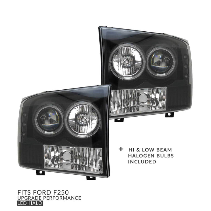 Headlights PAIR Black Halo Fits Ford F250 F350 SuperDuty 1999 - 2006