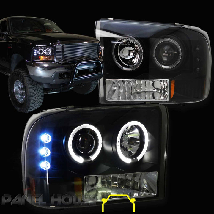 Headlights PAIR Black Halo Fits Ford F250 F350 SuperDuty 1999 - 2006