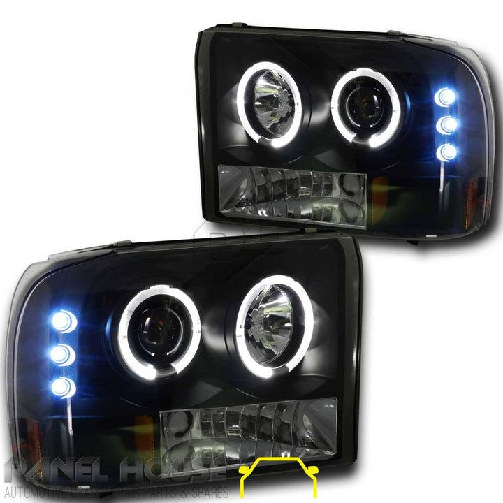 Headlights PAIR Black Halo Fits Ford F250 F350 SuperDuty 1999 - 2006