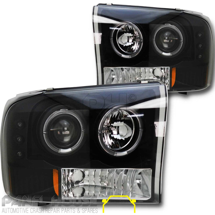 Headlights PAIR Black Halo Fits Ford F250 F350 SuperDuty 1999 - 2006
