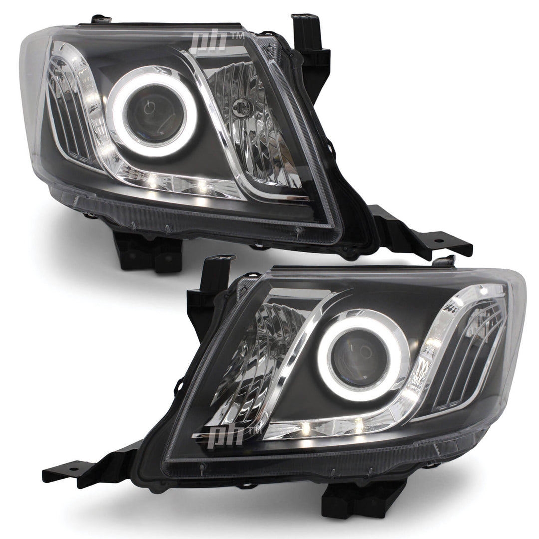 Black Headlights PAIR DRL Halo Projector Fits Toyota Hilux N70 07/2011 - 2015