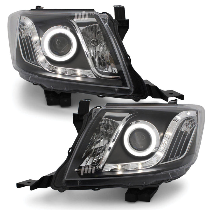 Black Headlights PAIR DRL Halo Projector Fits Toyota Hilux N70 07/2011 - 2015