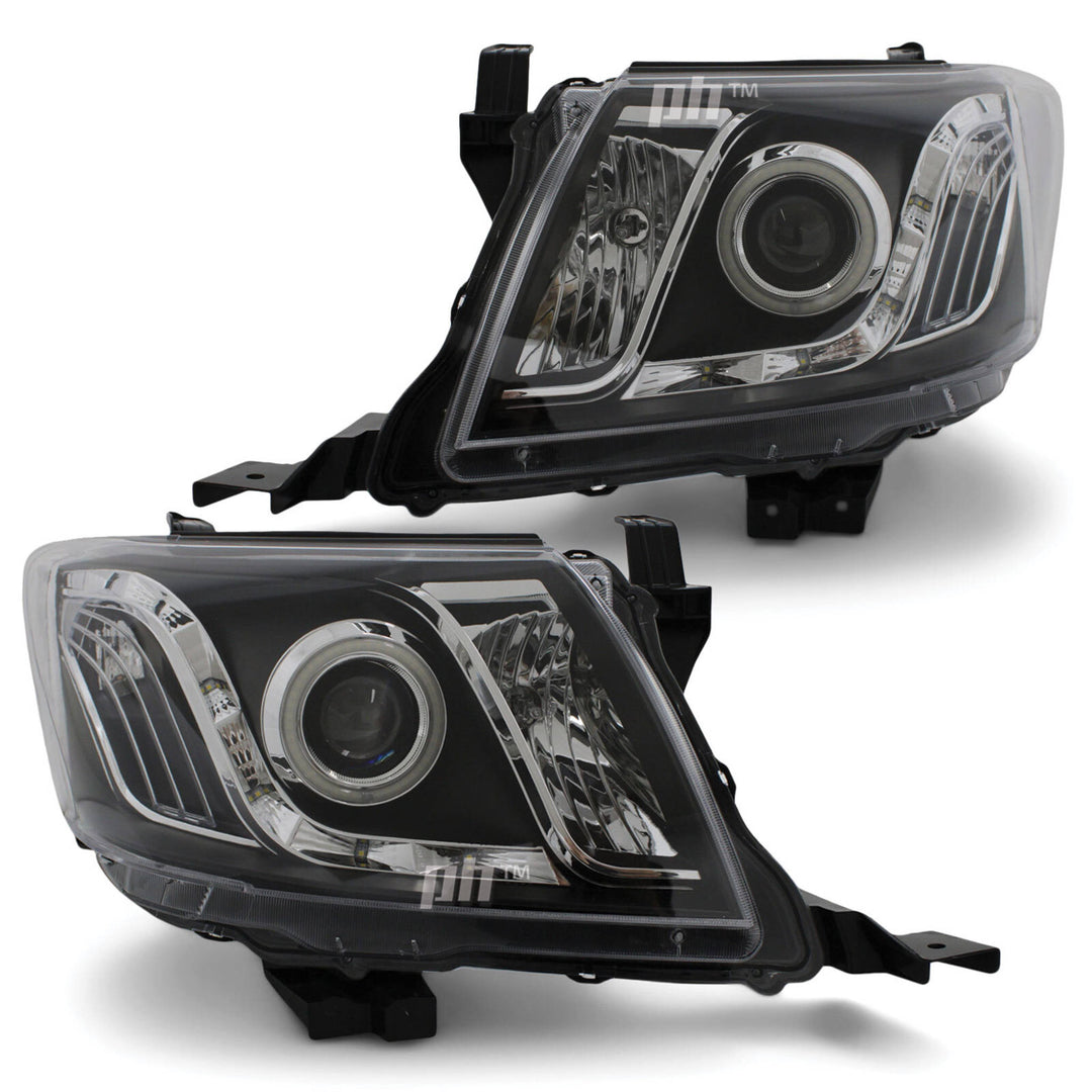Black Headlights PAIR DRL Halo Projector Fits Toyota Hilux N70 07/2011 - 2015