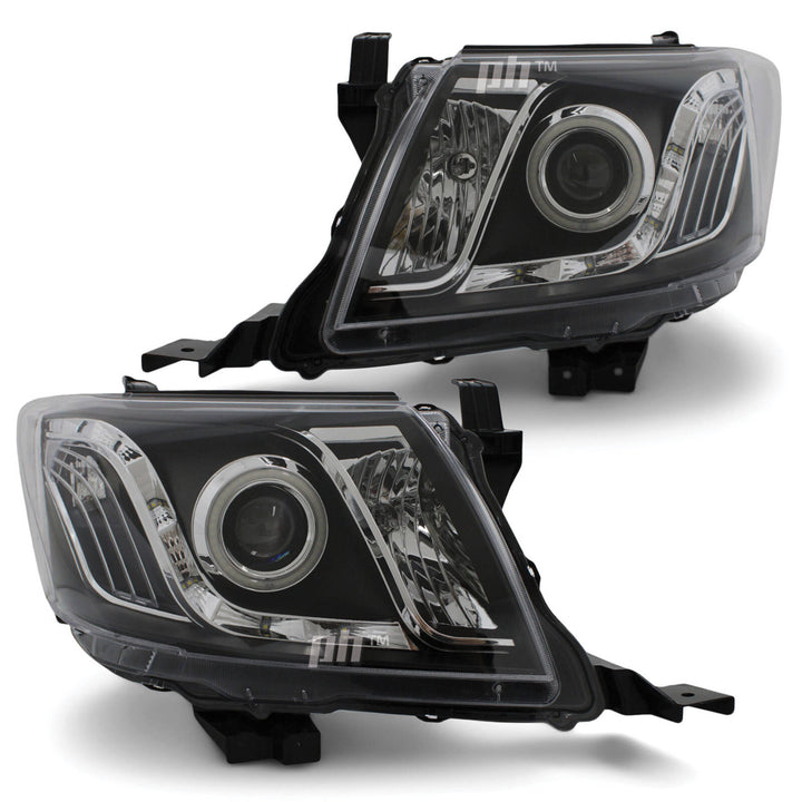 Black Headlights PAIR DRL Halo Projector Fits Toyota Hilux N70 07/2011 - 2015