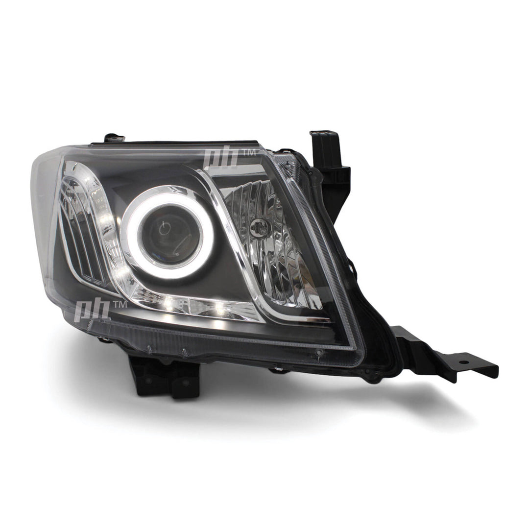 Black Headlights PAIR DRL Halo Projector Fits Toyota Hilux N70 07/2011 - 2015