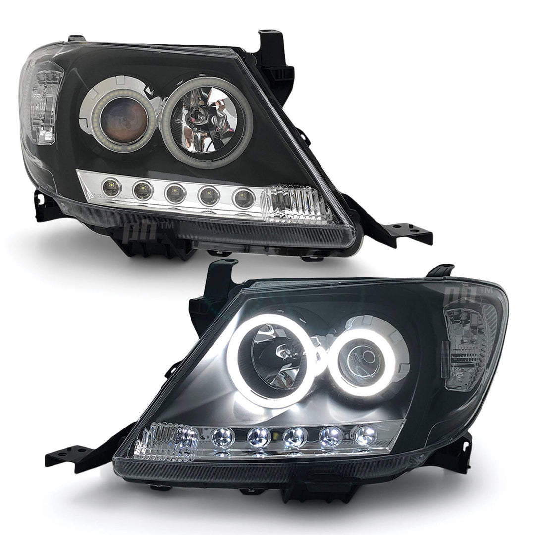 Headlights Black DRL Projector HALO Angel Eyes Fits Toyota Hilux N70 2005 - 2011