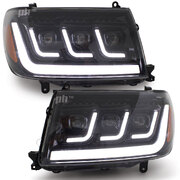 Headlights PAIR BLACK LED Triple Projector fits Toyota Landcruiser 100 Series 1998 - 2007