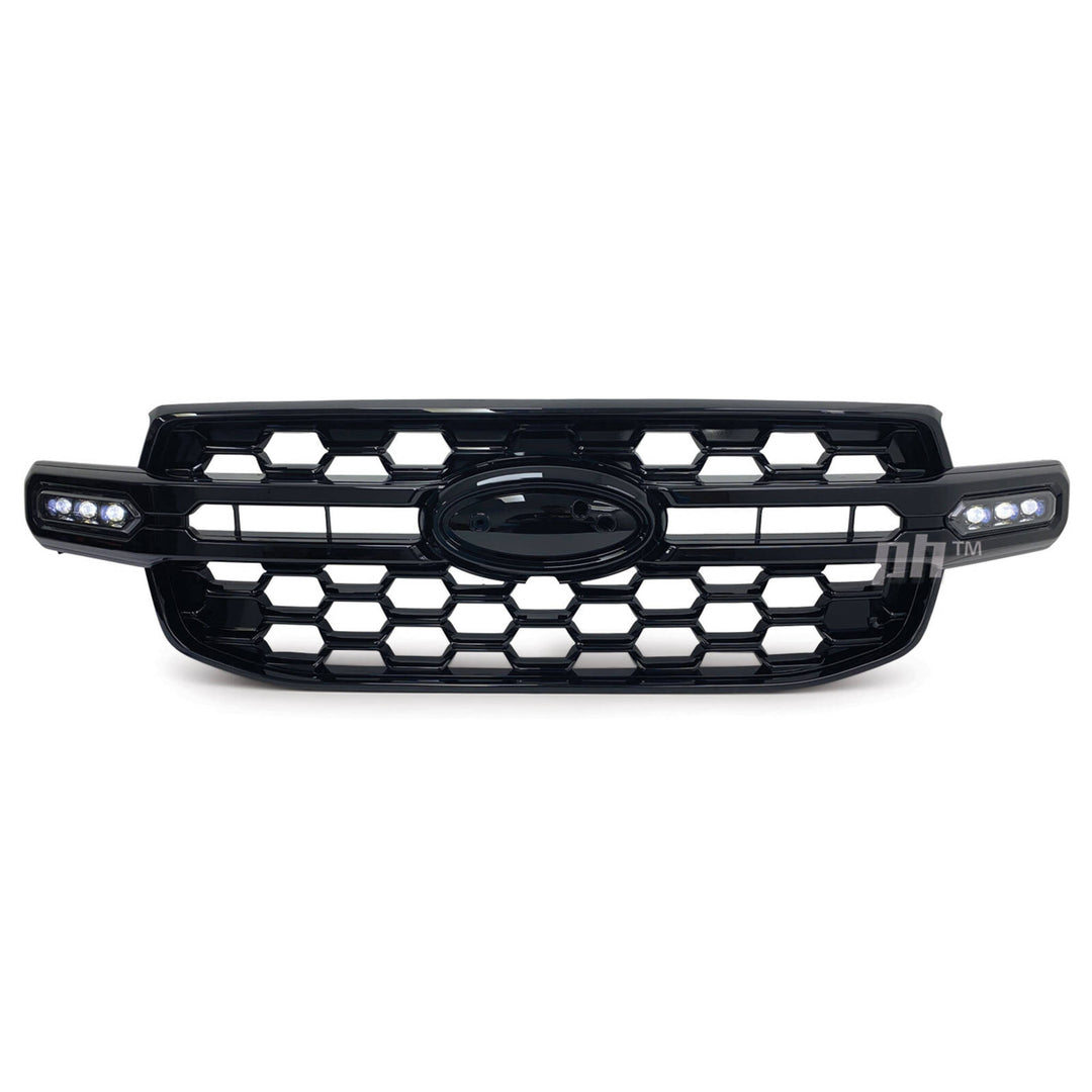 Grill Gloss BLACK With SPOT LIGHT DRL Wildtrak X Style Fits Ford Ranger Next Gen T9 2022-