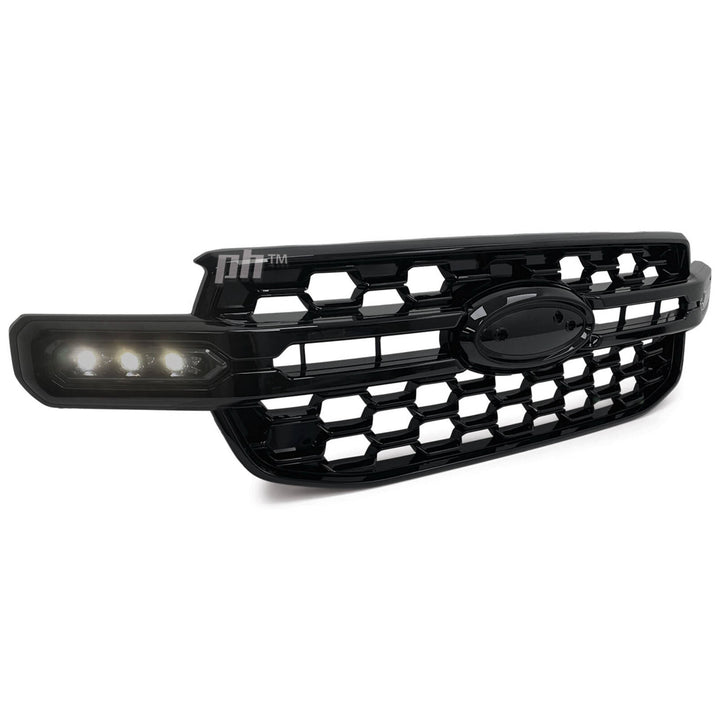 Grill Gloss BLACK With SPOT LIGHT DRL Wildtrak X Style Fits Ford Ranger Next Gen T9 2022-