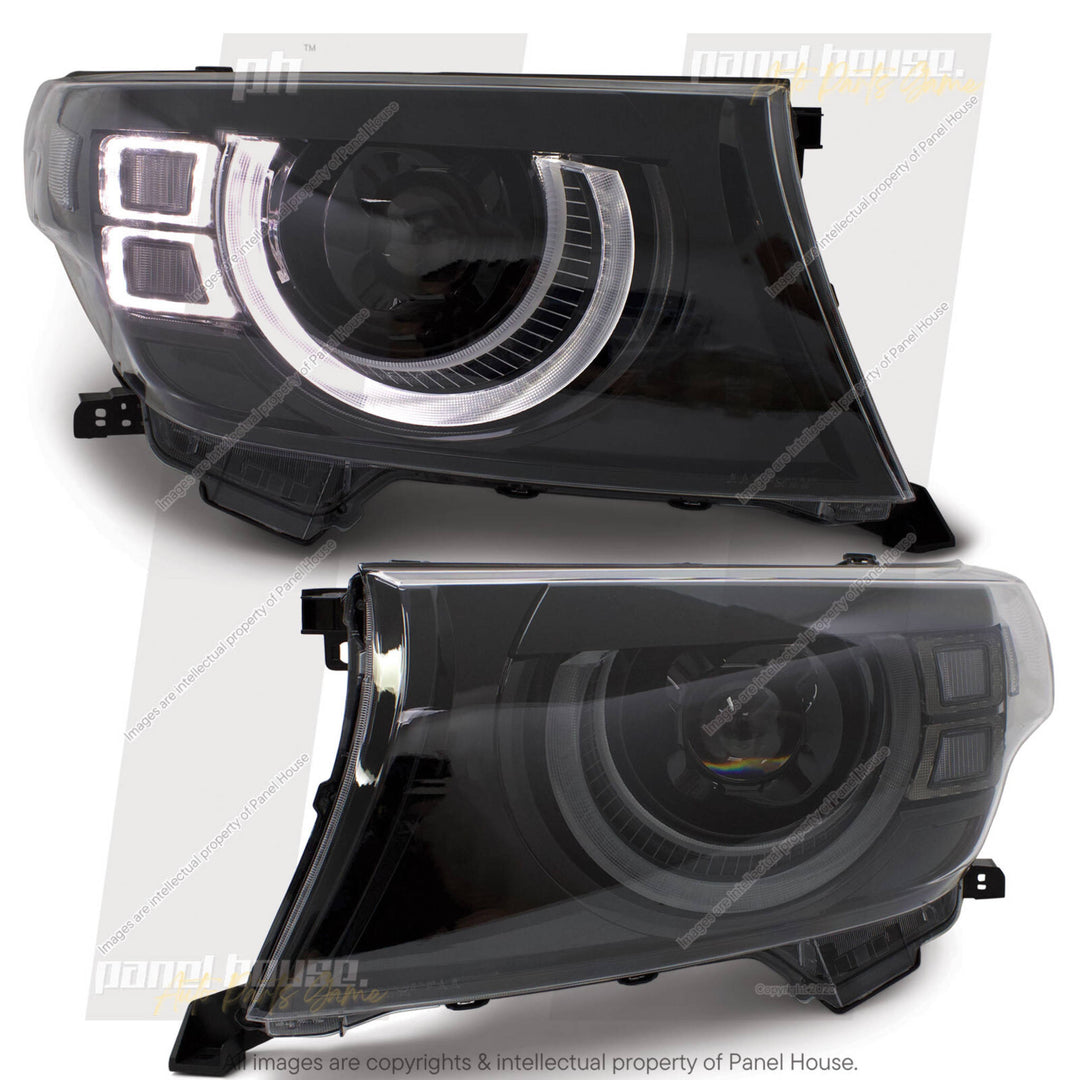 DEFEND-R DRL Full LED Black Projector Headlights PAIR fits Toyota Landcruiser 200 Series 2007 - 2015
