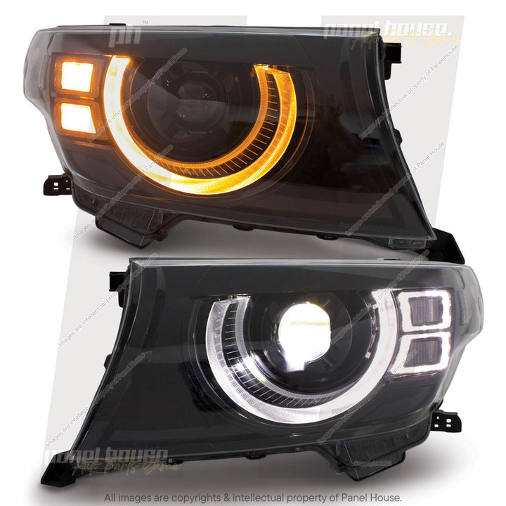 DEFEND-R DRL Full LED Black Projector Headlights PAIR fits Toyota Landcruiser 200 Series 2007 - 2015