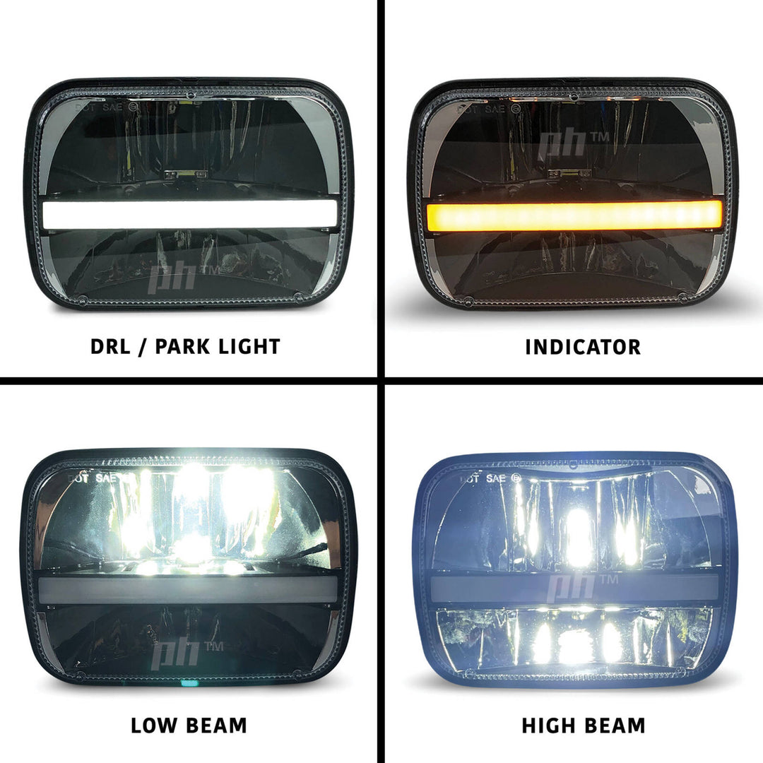 Universal Black Headlights LED DRL & Indicator PAIR 7x5 Inch Rectangle