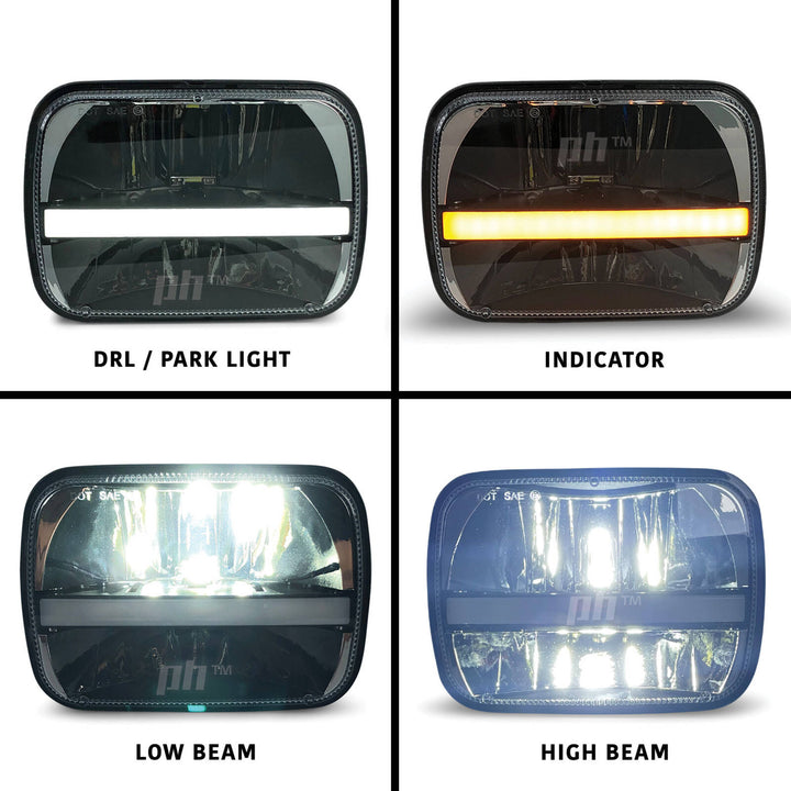 Universal Black Headlights LED DRL & Indicator PAIR 7x5 Inch Rectangle