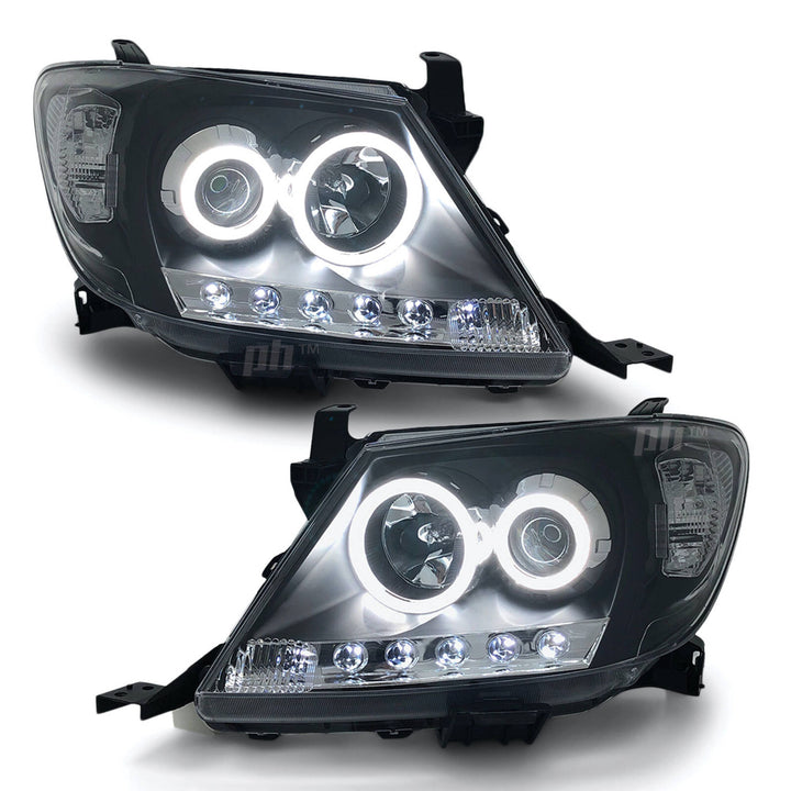 Headlights Black DRL Projector HALO Angel Eyes Fits Toyota Hilux N70 2005 - 2011
