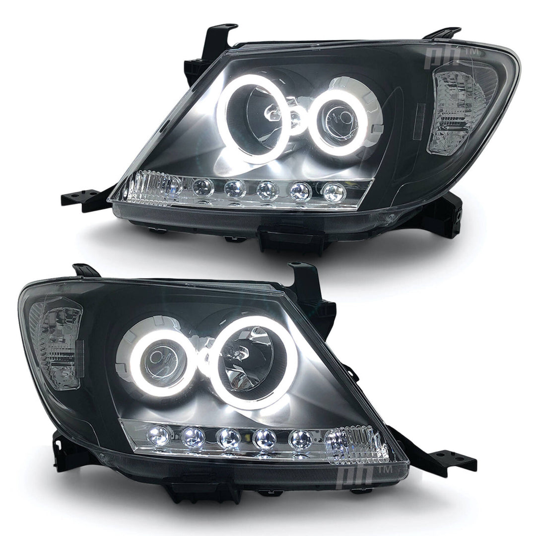 Headlights Black DRL Projector HALO Angel Eyes Fits Toyota Hilux N70 2005 - 2011